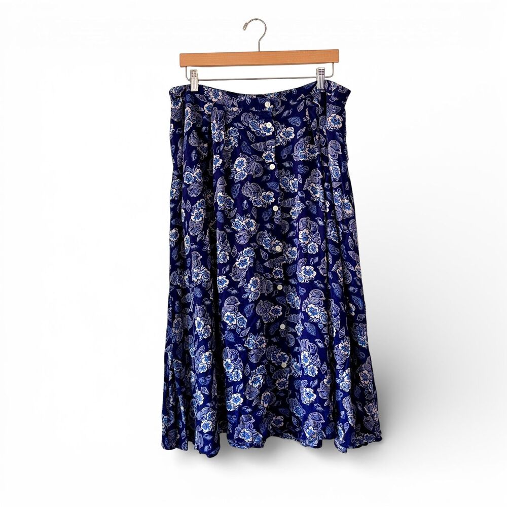 Pendleton 22W Blue Floral Button Front Midi Skirt A-Line Prairie Cottagecore